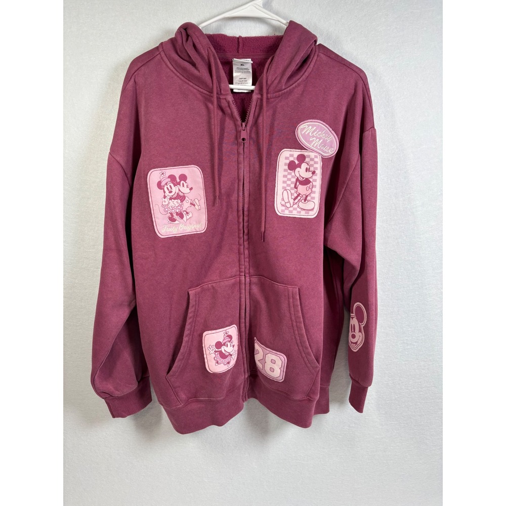Disney Mickey Mouse Zip Up Hoodie Womens XL Pink Cotton Blend Patch Sweatshirt